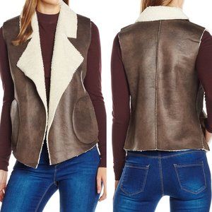 NEW French Connection Faux Suede Shearling Teddy Lined Open Vest Brown Soft sz L